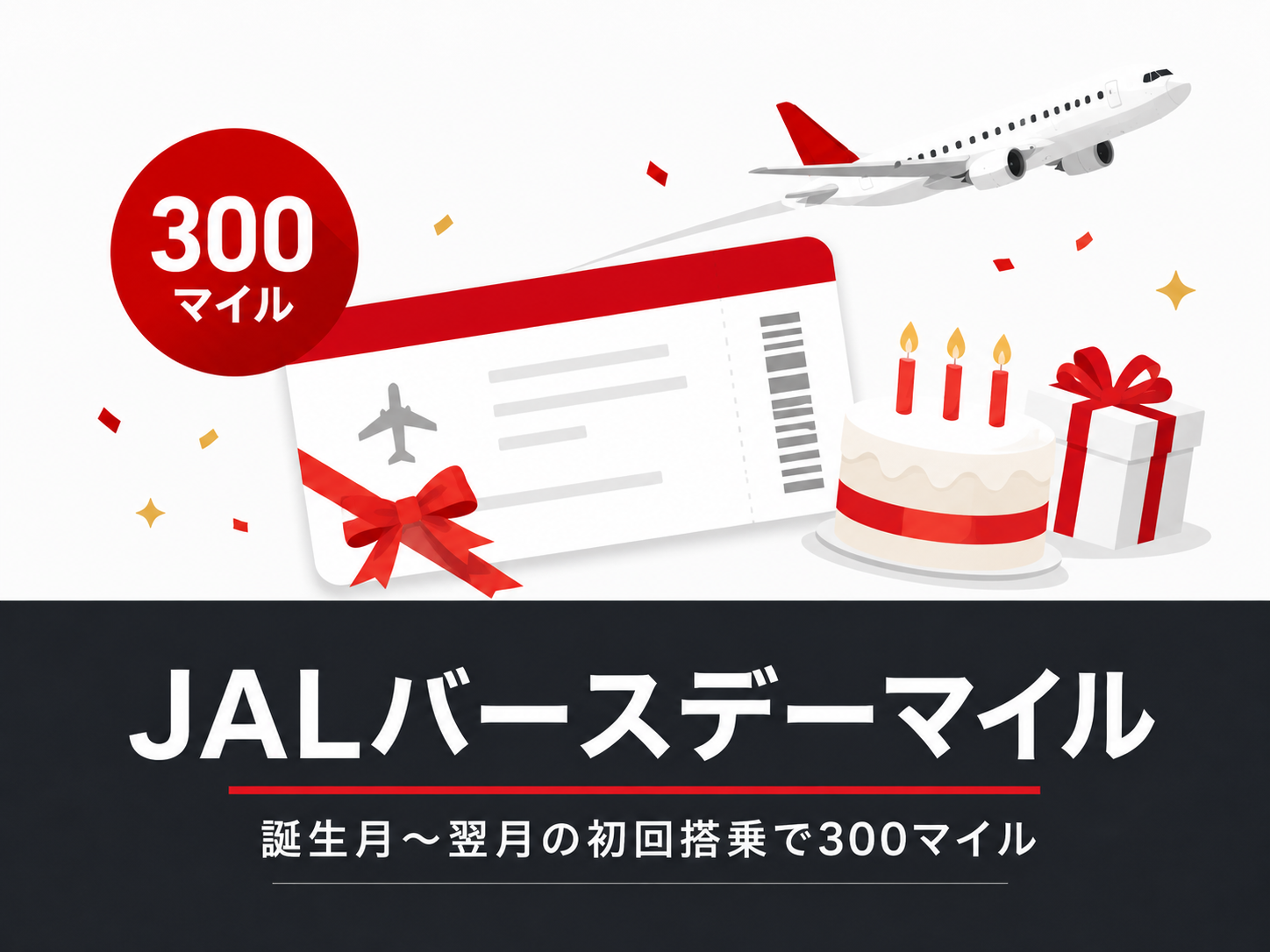 JALバースデーマイルで誕生月から翌月の初回搭乗に300マイルがもらえるキャンペーンのアイキャッチ画像