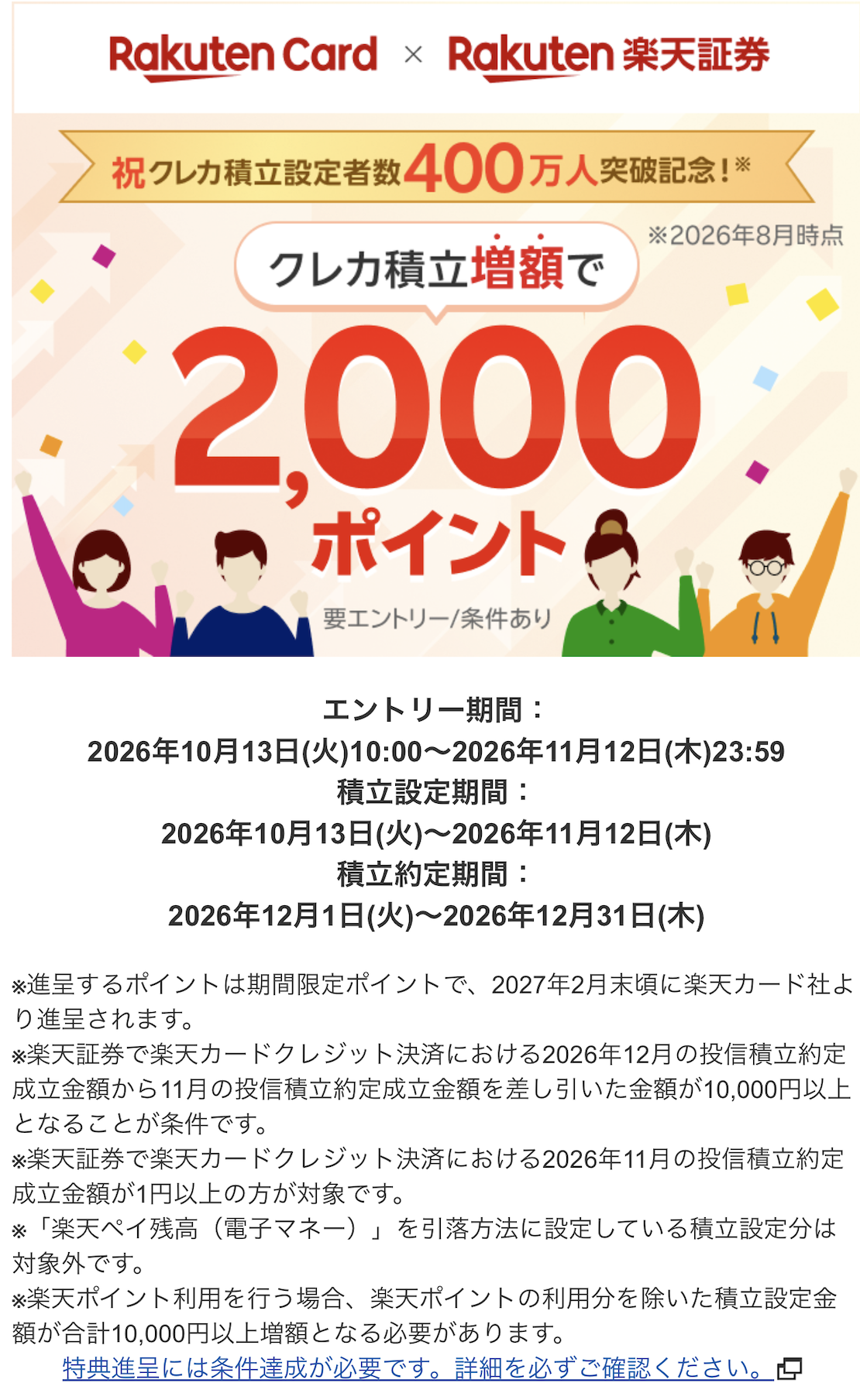 楽天カード積立1万円増額キャンペーンの公式条件画面