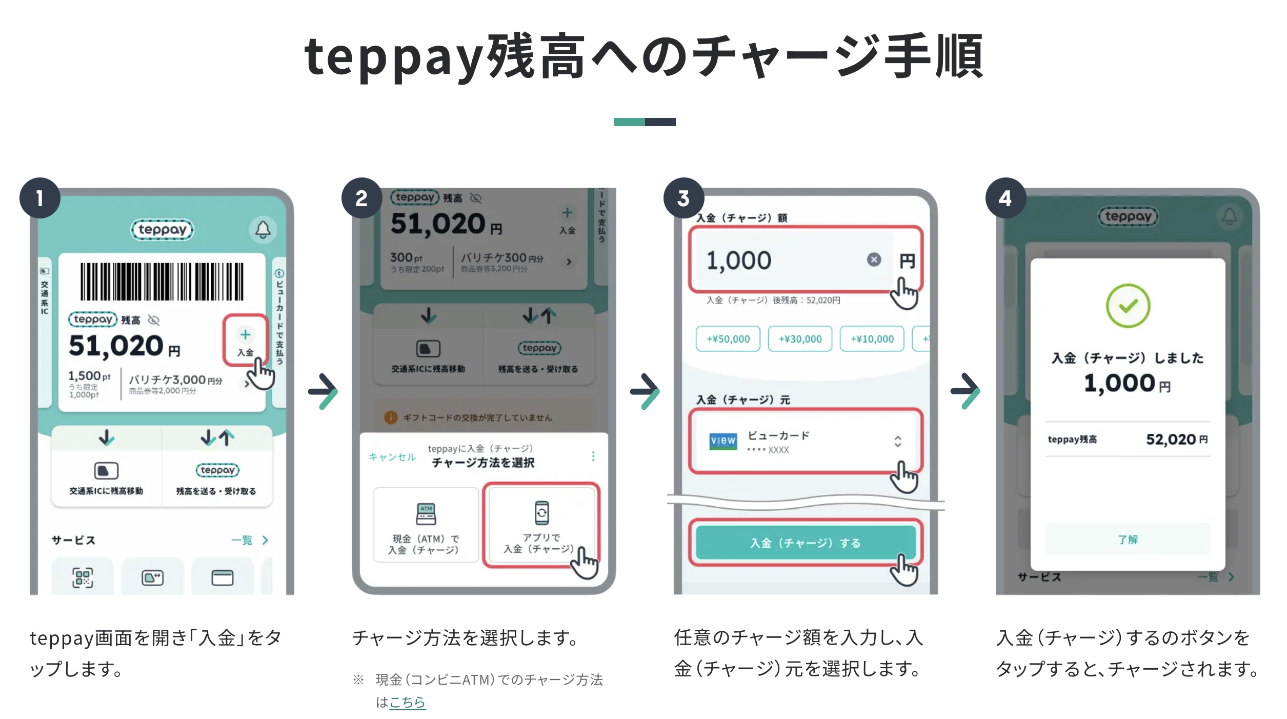 teppayアプリから残高へチャージする手順